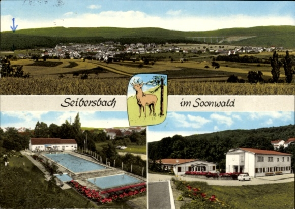 Postcard Seibersbach in the Hunsrück, outdoor pool, coat of arms, panorama