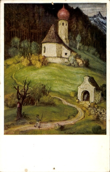 Artist Postcard Schiestl, Matthäus, landscape, church, mountain chapel