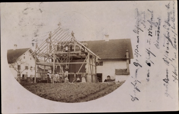 Photo Postcard Oberdießen Unterdießen in Bavaria, barn extension, scaffolding, construction work