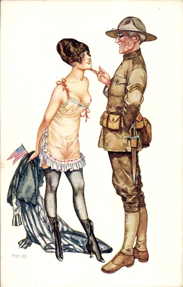 Artist Postcard Herouard, lovers, woman in underwear, soldier in uniform