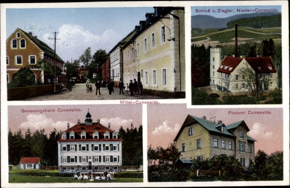 Ak Cunewalde in Lausitz, Castle v. Ziegler, herstellingsoord, postkantoor, straatdeel