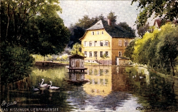 Postcard Bad Kissingen Lower Franconia Bavaria, landscape with lake, yellow house, swans, tree landscape