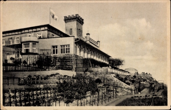 Ak Radebeul in Sachsen, Berggasthaus Friedensburg, Gartenanlagen