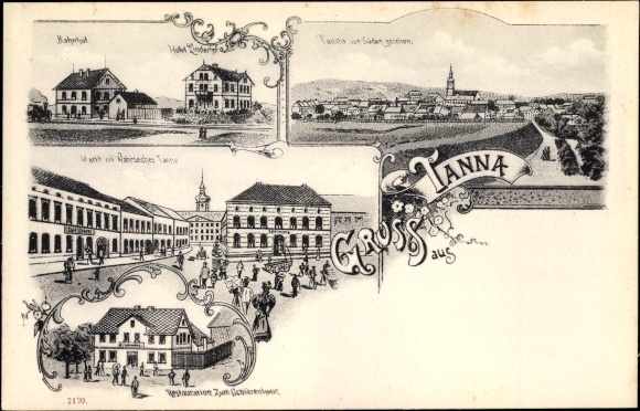 Litho Tanna in Thüringen, Bahnhof, Hotel , Restauration Zum Schützenhaus, Totalansicht
