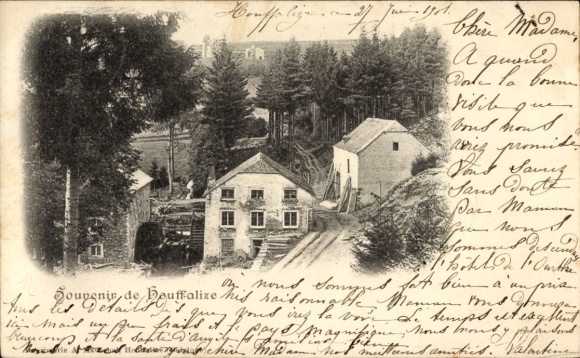 PC Houffalize Wallonia Luxembourg, black picture, houses, forest, text in French and English
