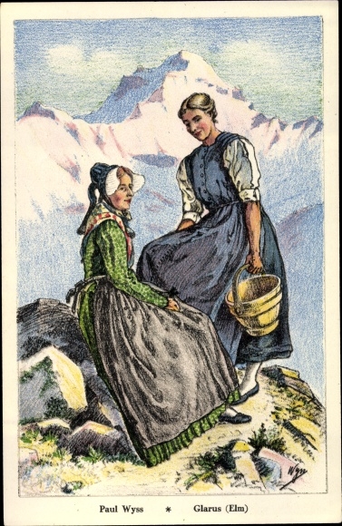 Artysta Ak Wyss, P., Kobiety w strojach szwajcarskich, Glarus Elm