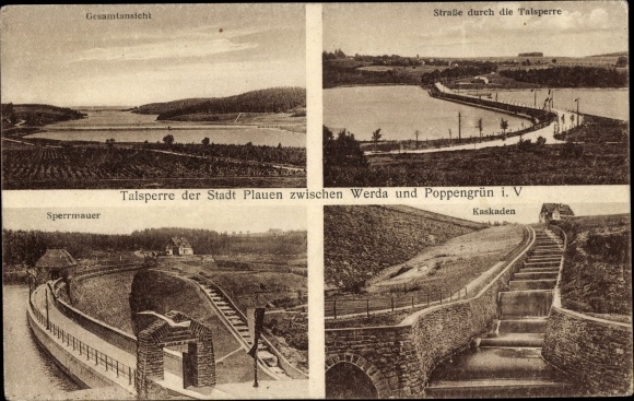 Postcard Werda in Vogtland, dam of the city of Plauen, Poppengrün, barrier wall, cascades