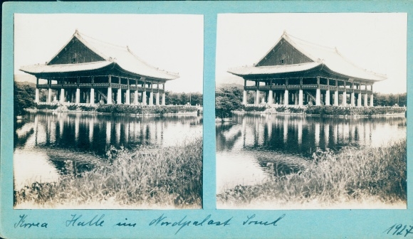 Stereo Photo Seoul Korea, Halle im Nordpalast, 1927
