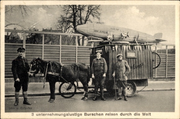 Ak 3 unternehmungslustige Burschen reisen durch die Welt, Kutsche, Modell Luftschiff Graf Zeppelin