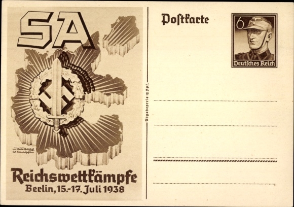 Postal stationery artist Postcard Axster Heudtlaß, SA Reichswettkämpfe Berlin 1938