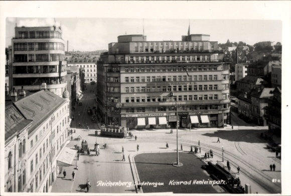 Ak Liberec Reichenberg Stadt, Linoleumhaus, Straßenbahn