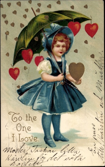 Emboss Postcard To the One I Love, girl with umbrella, hearts