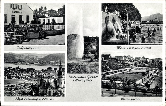 Postcard Bad Hönningen am Rhein, Gesundbrunnen, Rosengarten, Deutschlandsprudel, bathhouse, thermal baths