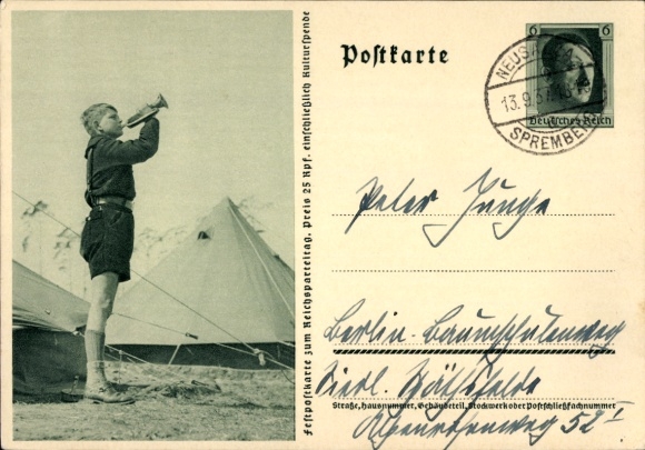 Postal stationery Postcard HJ Pimpf blows the roll call, tent camp, Nazi Party Rally 1937
