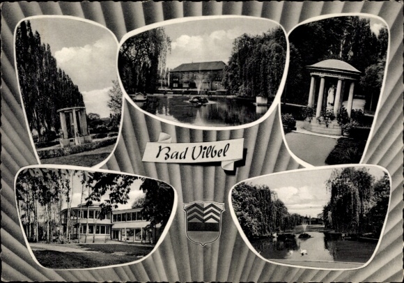 Ak Bad Vilbel in Hessen, gedeeltelijk uitzicht, fontein, paviljoen, vijver