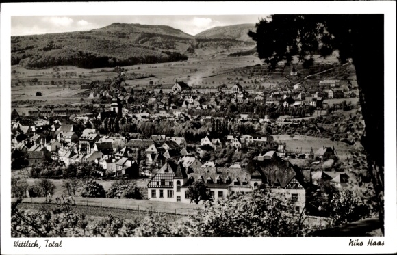 Postcard Wittlich in the Eifel, landscape view, houses, hills, black and white, Niko Haas