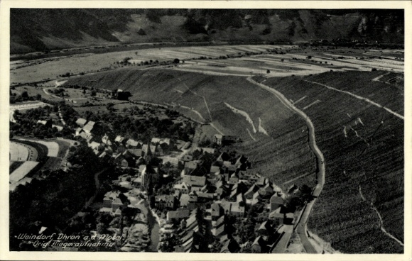 Postcard Neumagen Dhron on the Moselle, aerial view of vineyards, village view