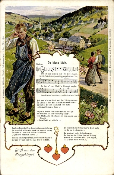 Lied Ak Vogel, Wilhelm, De biese Lieb, Erzgebirge, Liebespaar, weinender Mann