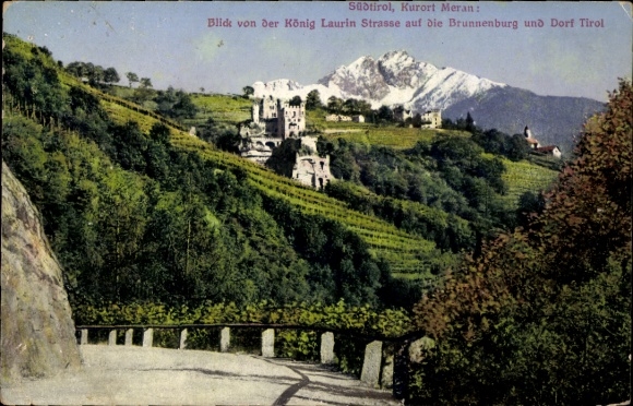 Postcard Meran Merano South Tyrol, view from the King Laurin Street, Brunnenburg Castle, Dorf Tirol