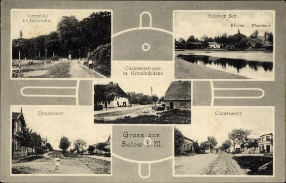 Postcard Satow in Mecklenburg, Chausseestraße, community hall, gymnasium, Bärwinkel, Satower See, church