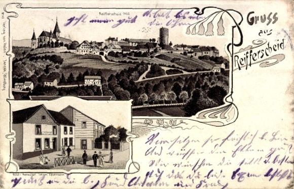 lito Reifferscheid Hellenthal w Eifel, widok ogólny z kościołem, zamek Reifferscheid, zajazd