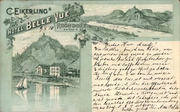 Chromo-Litho Rhöndorf Bad Honnef am Rhein, Hotel Belle Vue, boat on the Rhine