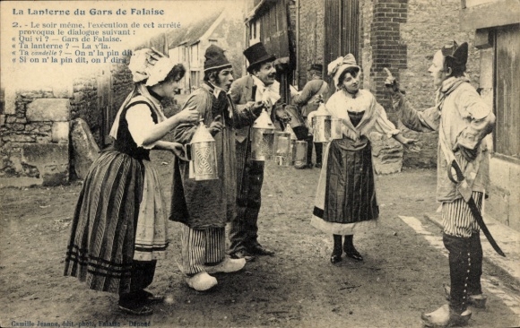 Postcard Calvados France, French costume, Normandy, people with lanterns