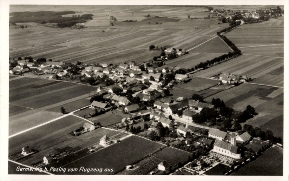 Postcard Germering near Munich, aerial view of a village, fields, houses, streets