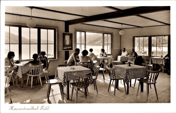Postcard Bühl am Alpsee Immenstadt im Allgäu, Hauserstrandbad interior view, people eating, career...