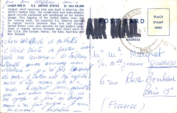 Postcard passenger steamer SS United States, United States Lines, USL