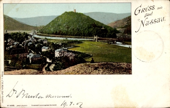 Postcard Bad Nassau on the Lahn, with landscape view, castle ruins in the background, colored, greetings from