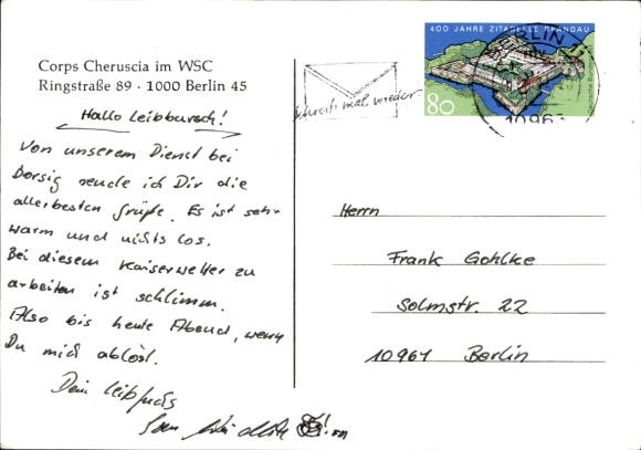 Studentika Postcard Berlin, Corps Cheruscia in the WSC, coat of arms, Ringstraße 89