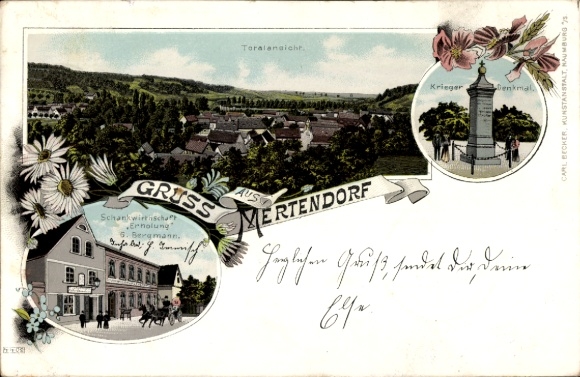 lito Mertendorf w Burgenlandkreis, widok ogólny, pub dla relaksu, pomnik wojenny