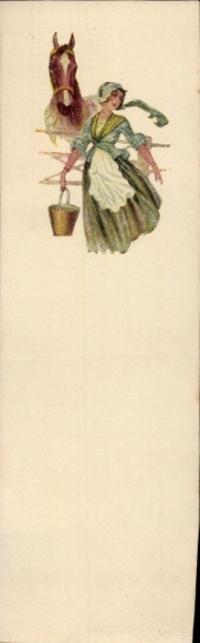 Postcard Woman with Horse, Farmer's Wife, Bucket, Painted portrait