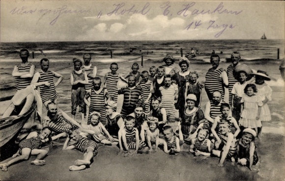 Postcard North Sea resort Wangerooge in East Frisia, family bathing area, bathers in swimwear on the beach
