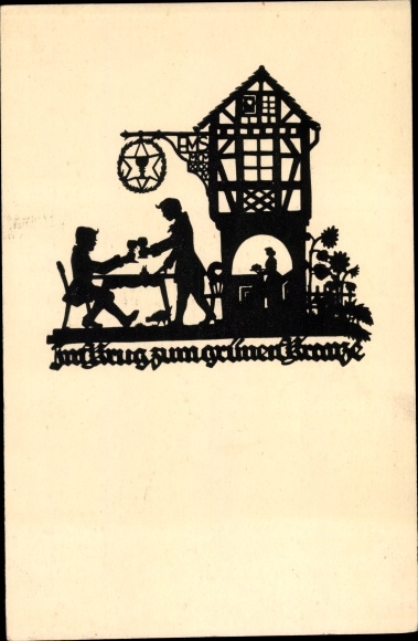 Paper cut Postcard Schwindt, AM, In the jug to the green wreath, inn