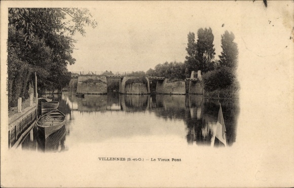 Postcard Villennes sur Seine Yvelines, Villenennes, old bridge, boats in the water, shore with trees