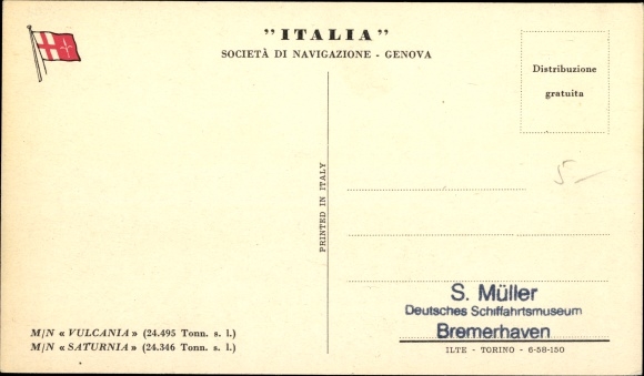 Postcard Italian Line, MN Vulcania, MN Saturnia, steamship