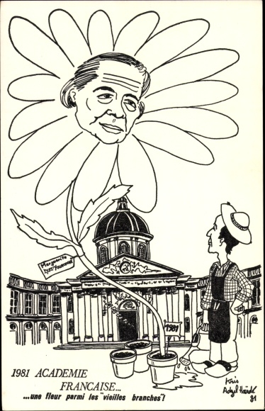 Artist Postcard Academie Francaise 1981, a flower among the old branches, Marguerite Yourcenar