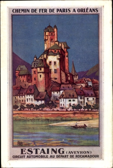 Artist Postcard Estaing Aveyron, Automobile Circuit Departing from Rocamadour, Chemin de Fer de Paris
