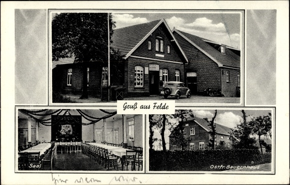 Ak Felde Großefehn in Ostfriesland, Schenkwirtschaft Peters, Saal, Ostfriesisches Bauernhaus