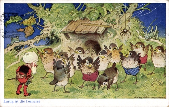 Artist Postcard Baumgarten, Fritz, Gymnastics is fun, dwarf, birds, spider