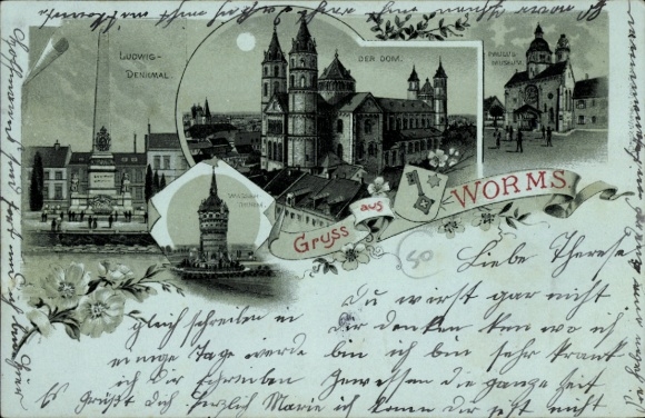 Moonlight Chromo-Litho Worms on the Rhine, Ludwig Monument, Cathedral