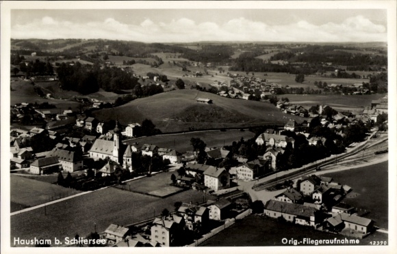 Postcard Hausham in Upper Bavaria, aerial view of Hausham, Schliersee, many houses, landscape