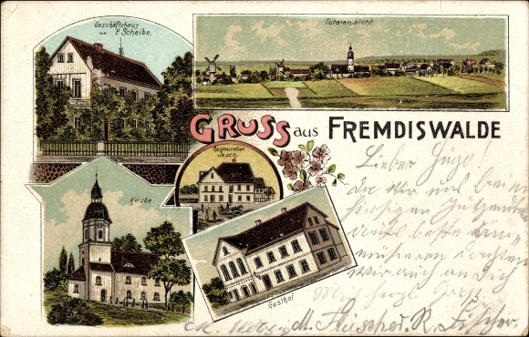 Litho Fremdiswalde Nerchau Grimma in Sachsen, Geschäftshaus, Kirche, Gasthof