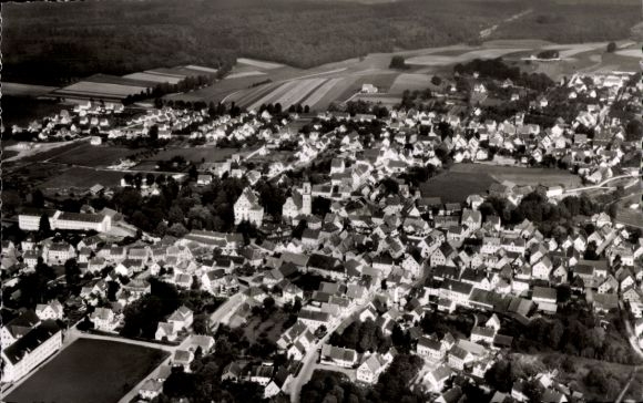 Postcard Krumbach in Swabia, Krumbad, aerial view of many houses, landscape with fields, trees