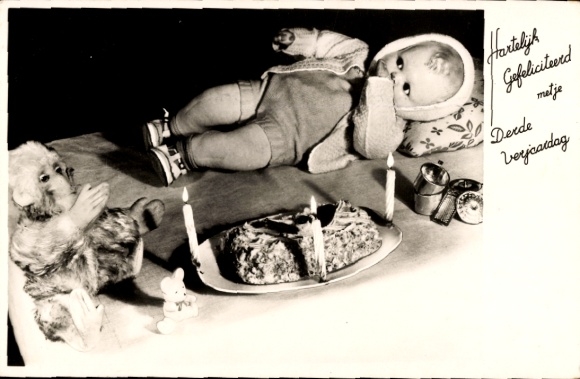 Postcard Happy Birthday, gift table, doll, stuffed monkey, cake, gifts