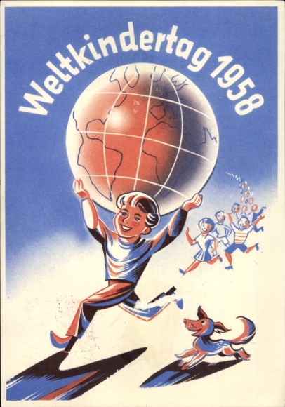 Postcard World Children's Day 1958, children, earth, dog, child care