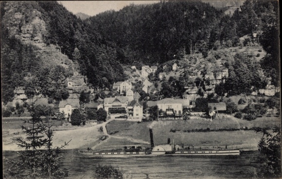 Ak Schmilka Bad Schandau Sächsische Schweiz, Berglandschaft, Dorfansicht, Dampfschiff