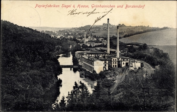Postcard Grünhainichen Sachsen, paper mills Siegel and Haase